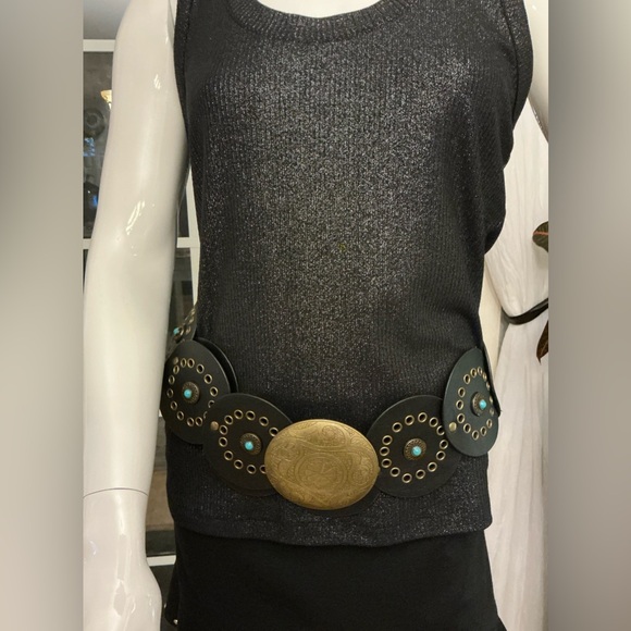 Womans Western Cowgirl Turquoise and Black Chunky Disc Belt Adjustable  OS - Picture 2 of 9